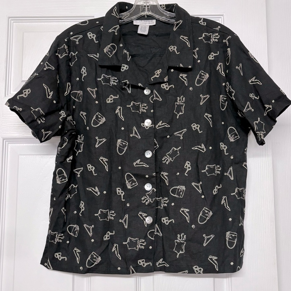 Vintage Linen Blend Novelty Print Button Front Shirt Sz SP